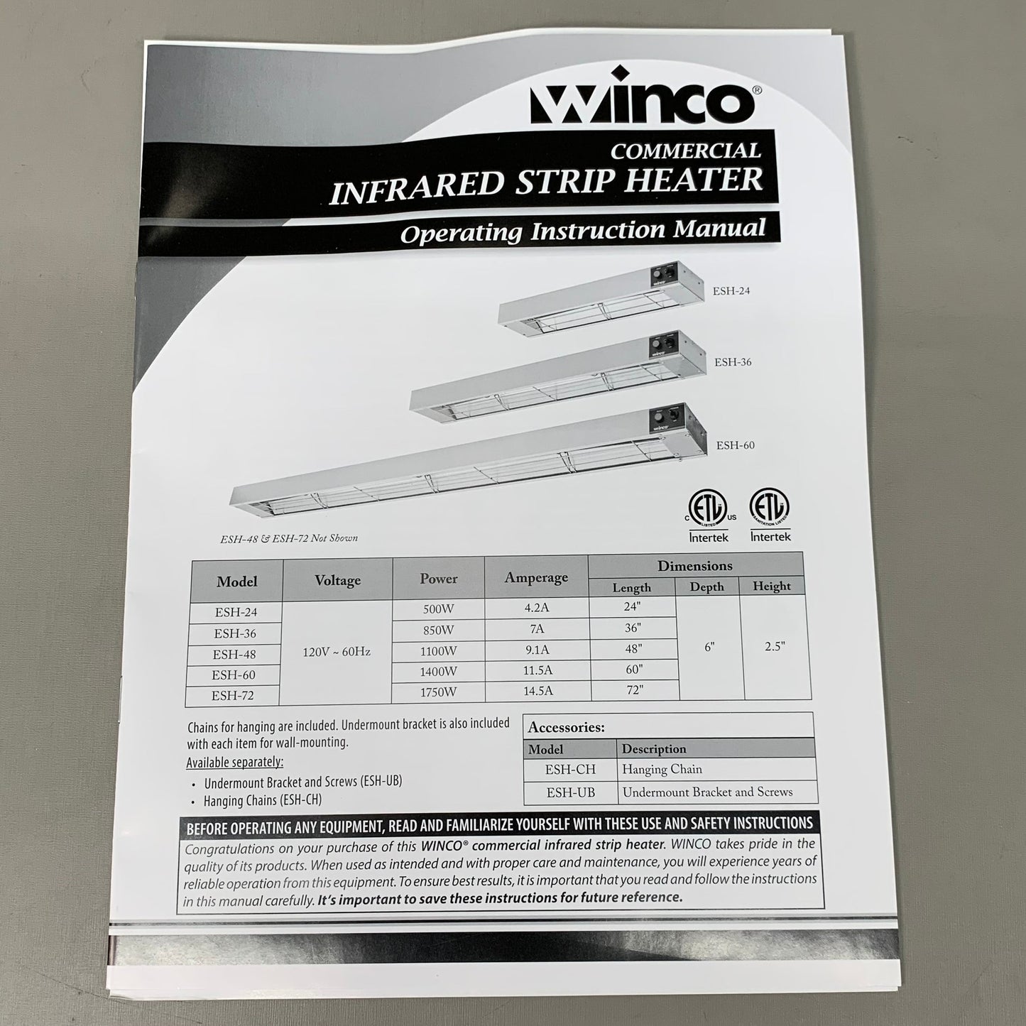 WINCO Single Infrared Strip Warmer 2.56" x 24" x 6" Model: #ESH-24