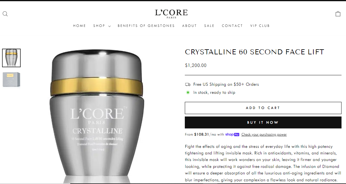 L'CORE Paris Diamond Dust - Crystalline 60-Second Face Lift Cream,  35ml/1.2 oz Shelf Stable Outdated - CLOSEOUT