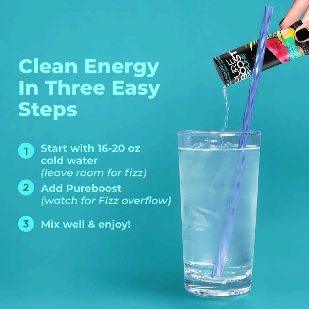PUREBOOST IMMUNE Clean Antioxidant Energy Drink Mix, Tropical Spark, 30 pcs 12.17 oz Best By: 6/24