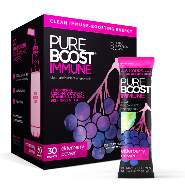 PUREBOOST IMMUNE Clean Antioxidant Energy Drink Mix, Elderberry Power, 30 pcs 12.17 oz Best By: 4/24