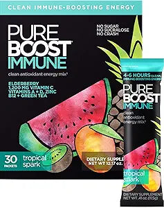 PUREBOOST IMMUNE Clean Antioxidant Energy Drink Mix, Tropical Spark, 30 pcs 12.17 oz Best By: 6/24