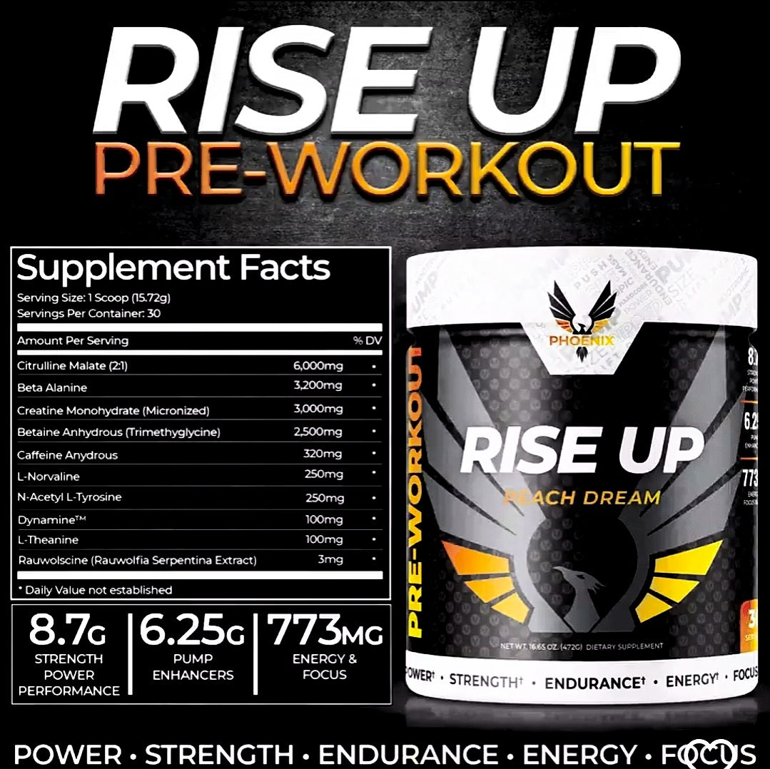 Phoenix Energy Pre-Workout Powder Rise Up 30 Servings 16.65 oz. Power Strength Endurance Energy Focus BB 10/25