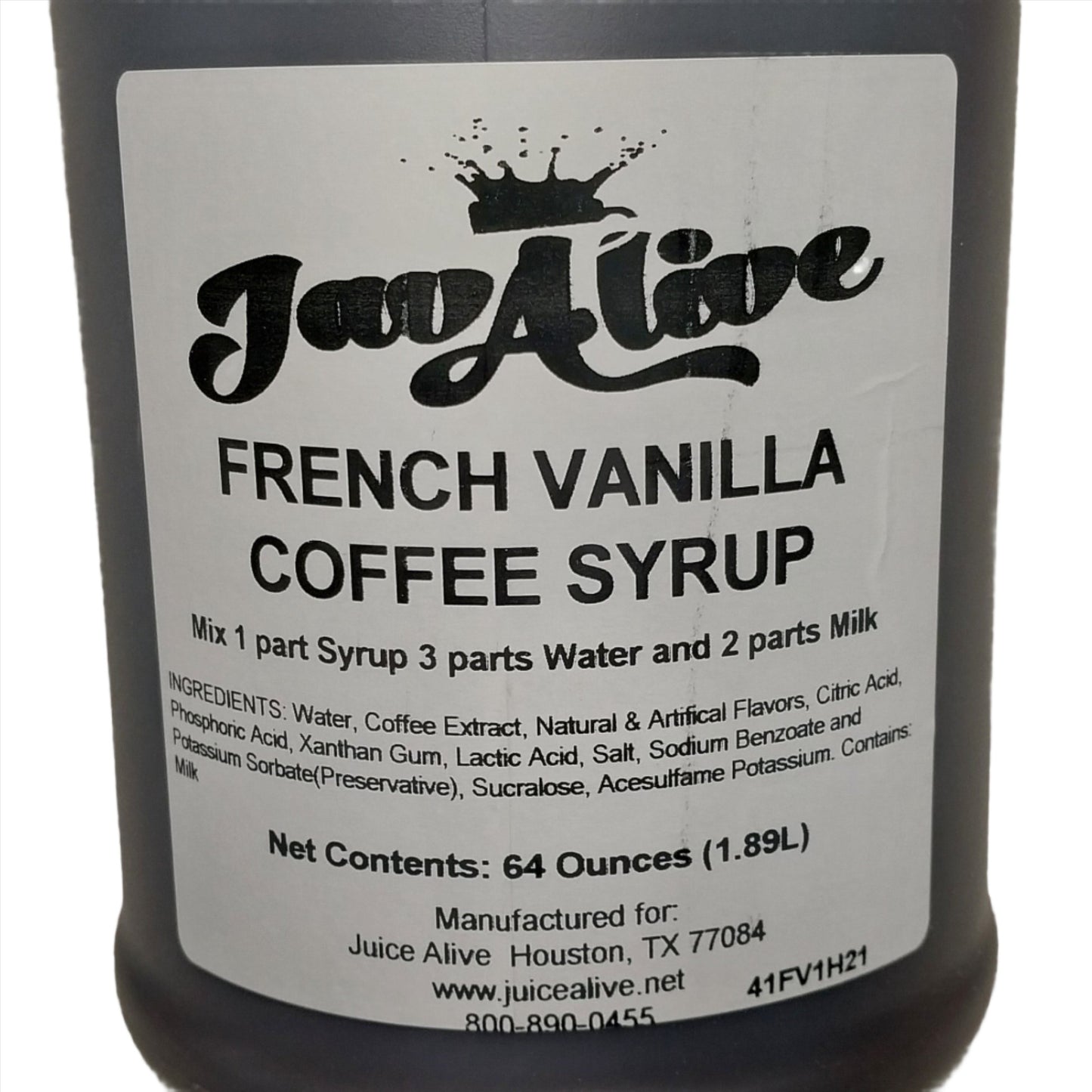 JavAlive French Vanilla Coffee Concentrate Syrup 64 oz Hot or Cold Best By: 08/26