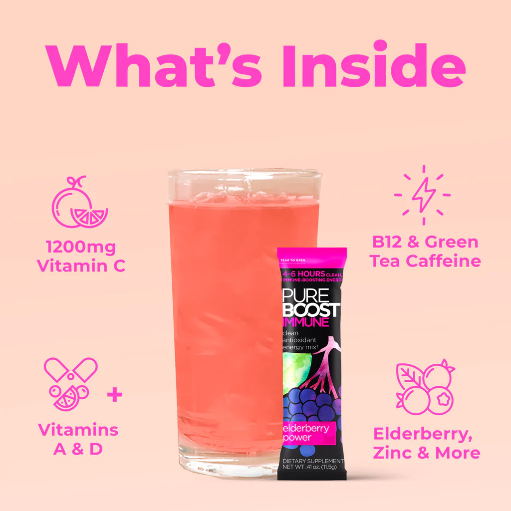 PUREBOOST IMMUNE Clean Antioxidant Energy Drink Mix, Elderberry Power, 30 pcs 12.17 oz Best By: 4/24