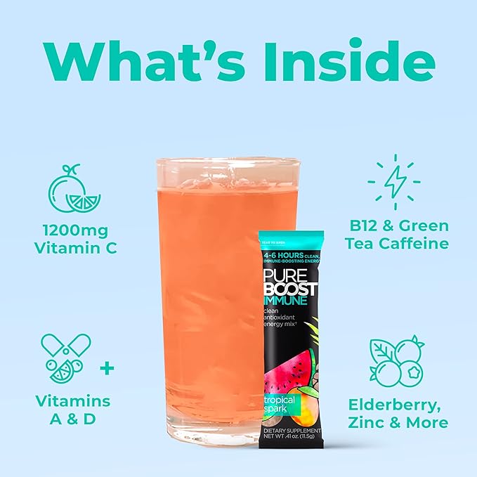 PUREBOOST IMMUNE Clean Antioxidant Energy Drink Mix, Tropical Spark, 30 pcs 12.17 oz Best By: 6/24
