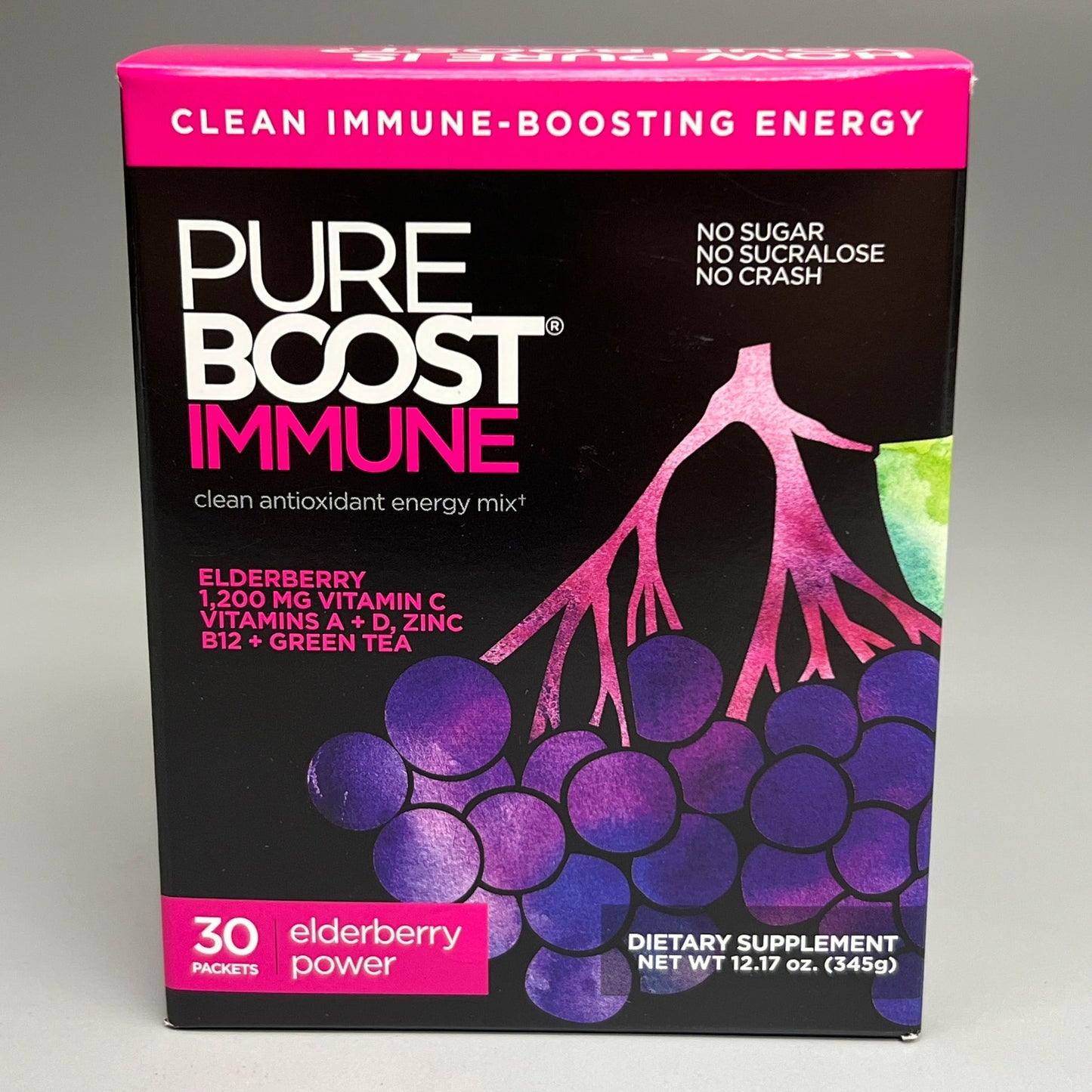 PUREBOOST IMMUNE Clean Antioxidant Energy Drink Mix, Elderberry Power, 30 pcs 12.17 oz Best By: 4/24