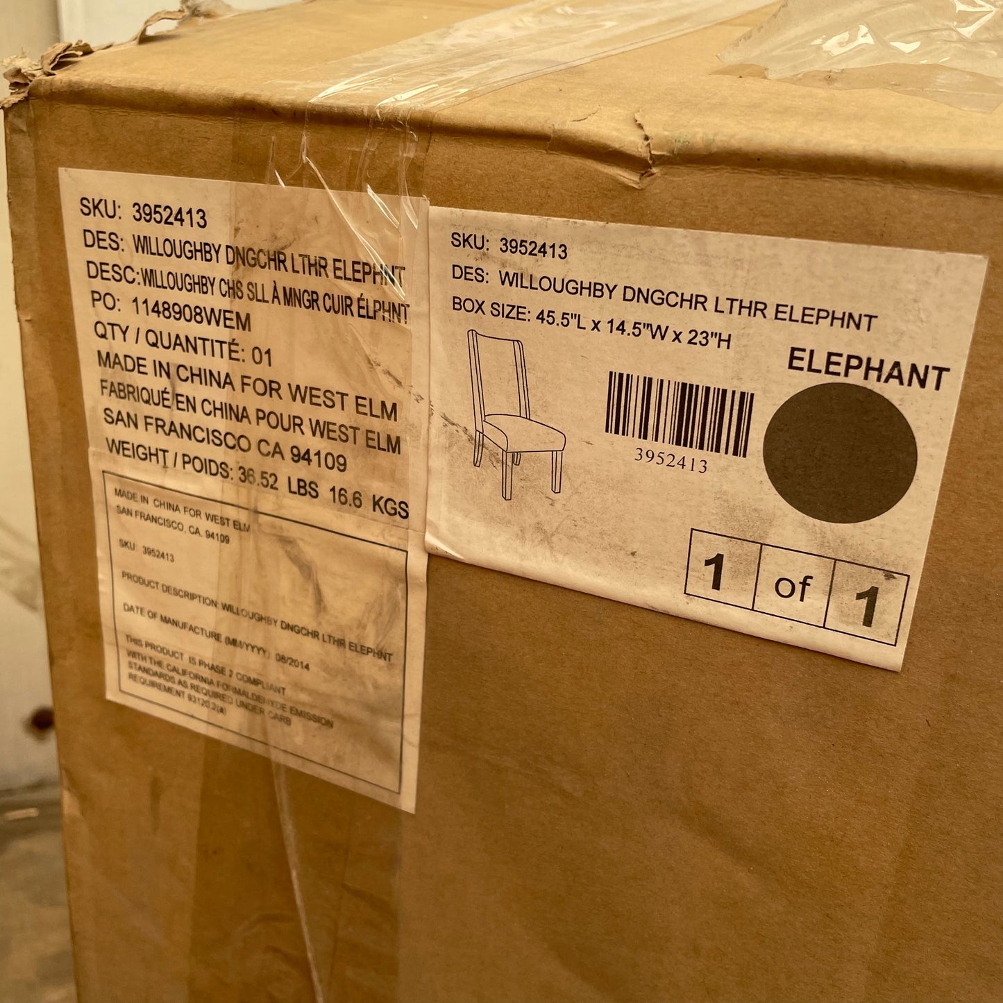 WEST ELM  Willoughby Leather Dining Chair Color: Elephant Grey New/ As-Is