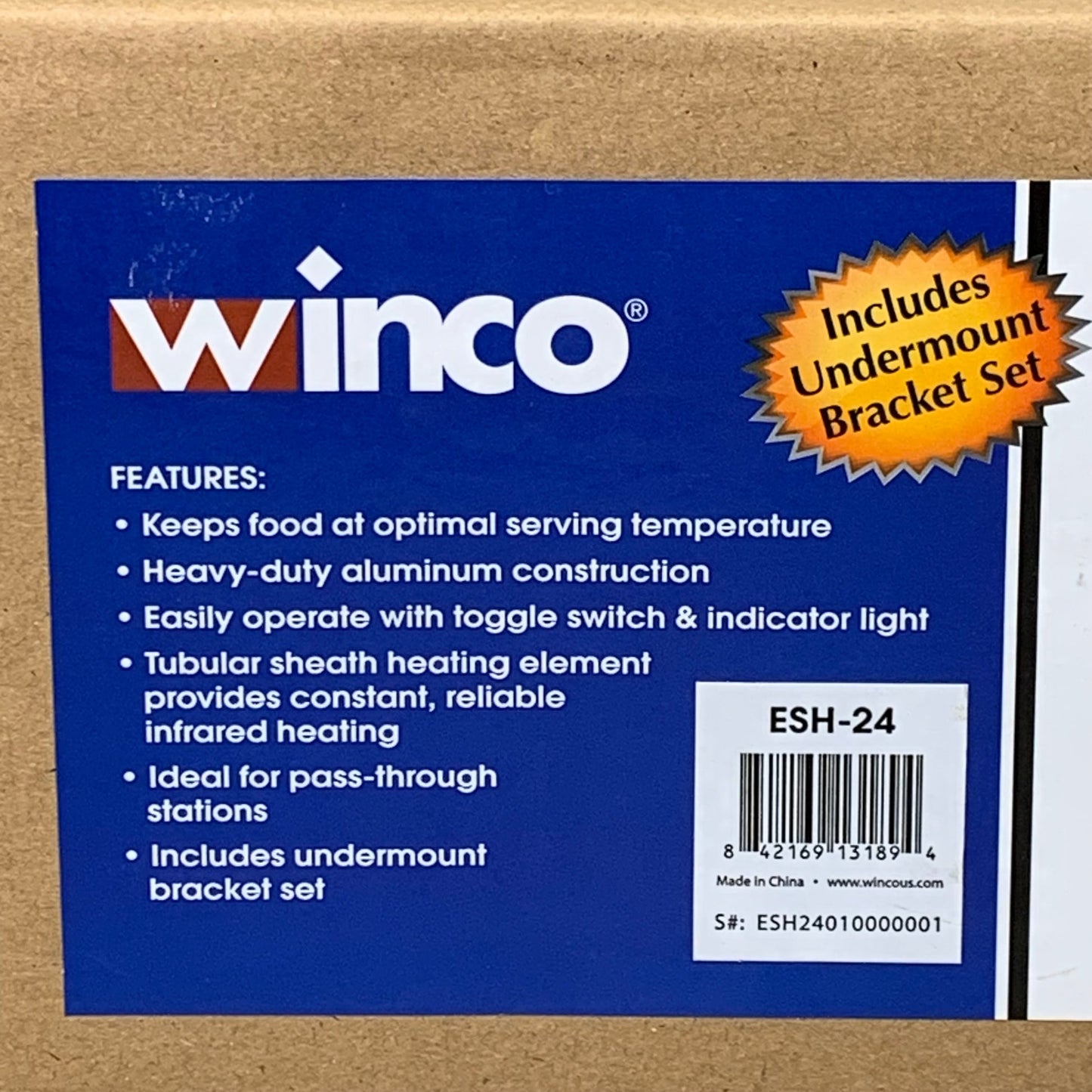 WINCO Single Infrared Strip Warmer 2.56" x 24" x 6" Model: #ESH-24