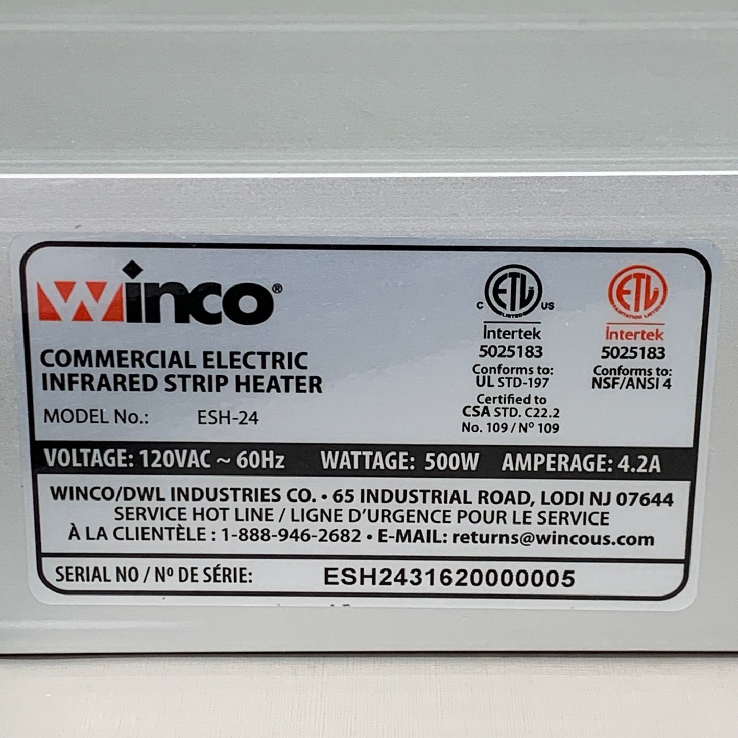WINCO Single Infrared Strip Warmer 2.56" x 24" x 6" Model: #ESH-24
