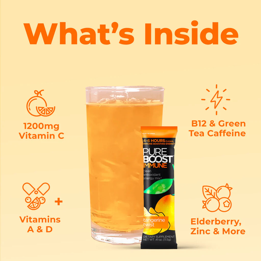 PUREBOOST IMMUNE Clean Antioxidant Energy Drink Mix, Tangerine Twist, 30 pcs 12.17 oz Best By: 4/24