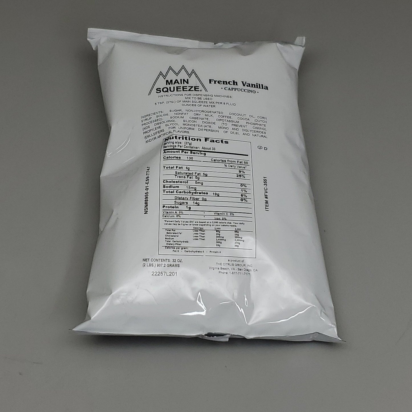 MAIN SQUEEZE French Vanilla Cappuccino Mix Powder 32 oz. #FVC-3551 New BB: 09/26