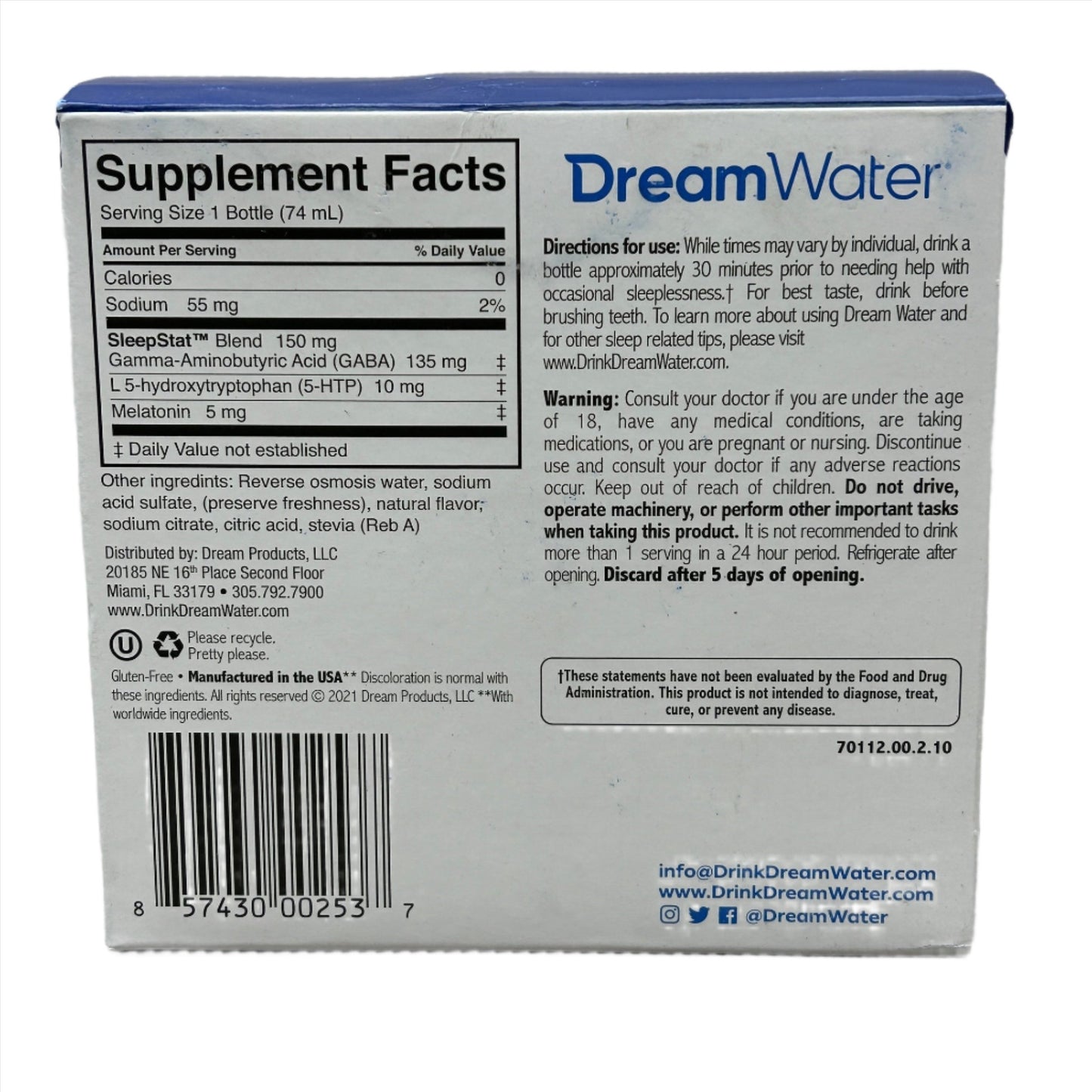 DREAM WATER Sleep and Relaxation Shot Case 12x ct. Snoozeberry Flavor 2.5 fl oz