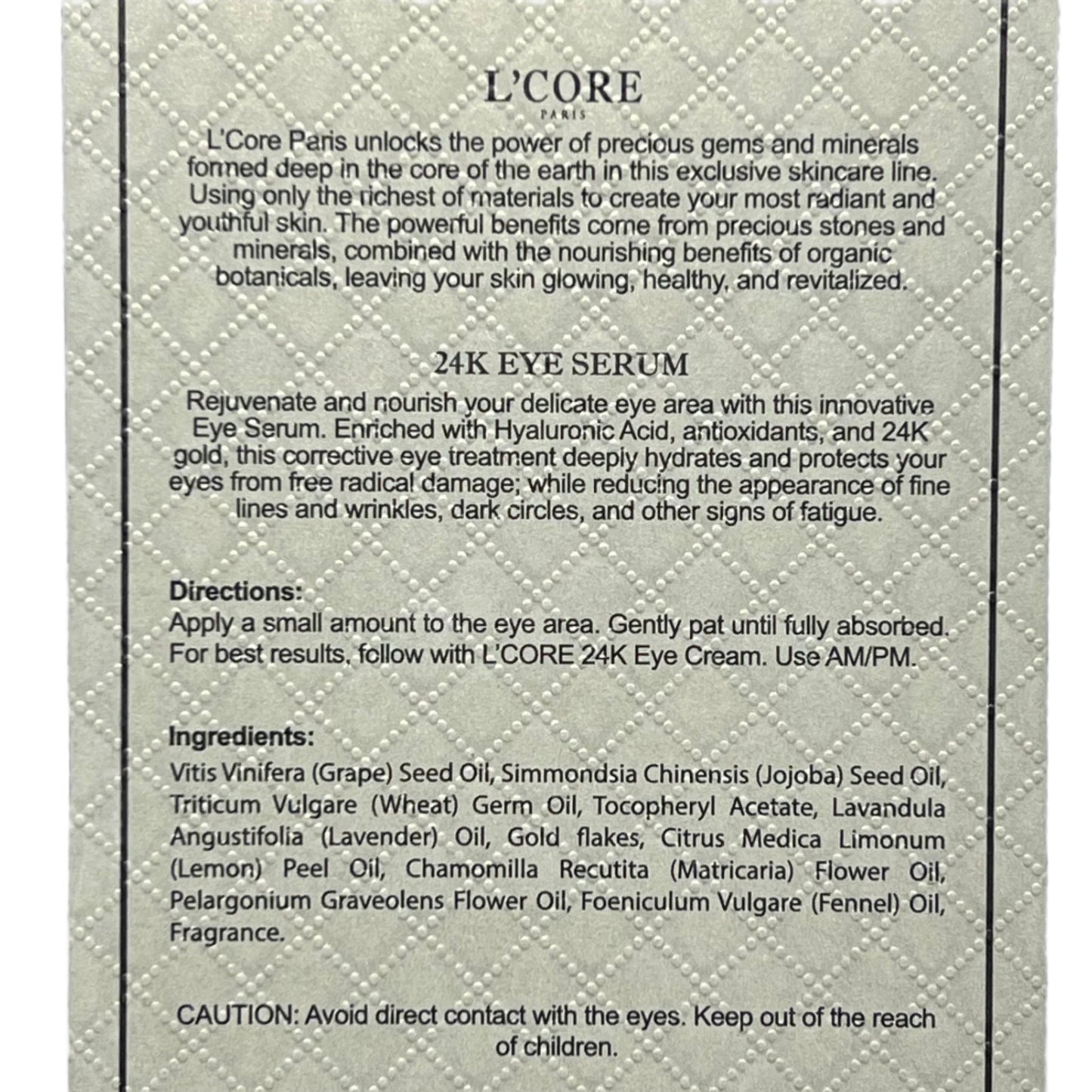 L'CORE Paris 24K Gold Hyaluronic Acid Eye Serum - Hydrates Protects Reduces Fine Lines Wrinkles Dark Circles - CLOSEOUT