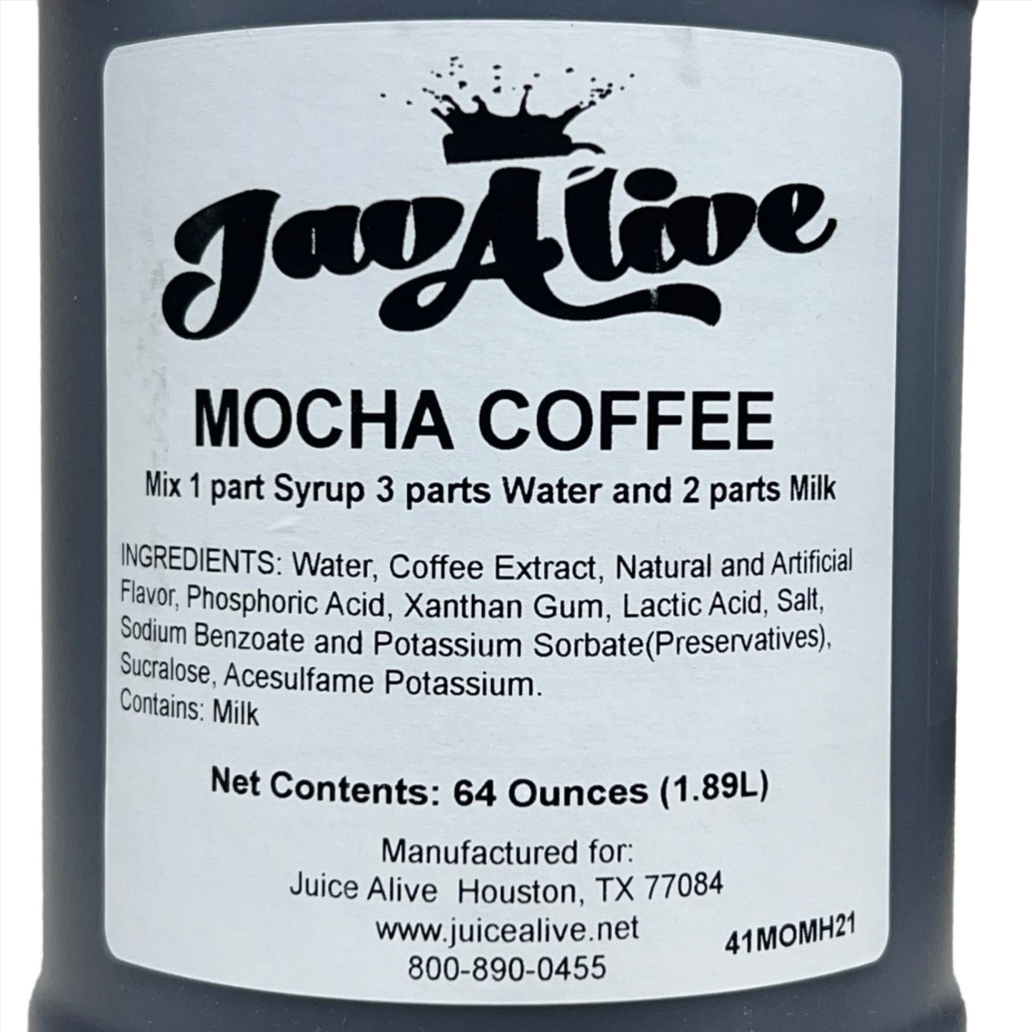 JavAlive Mocha Latte Coffee Concentrate Syrup 64 oz Hot or Cold Best By: 08/26