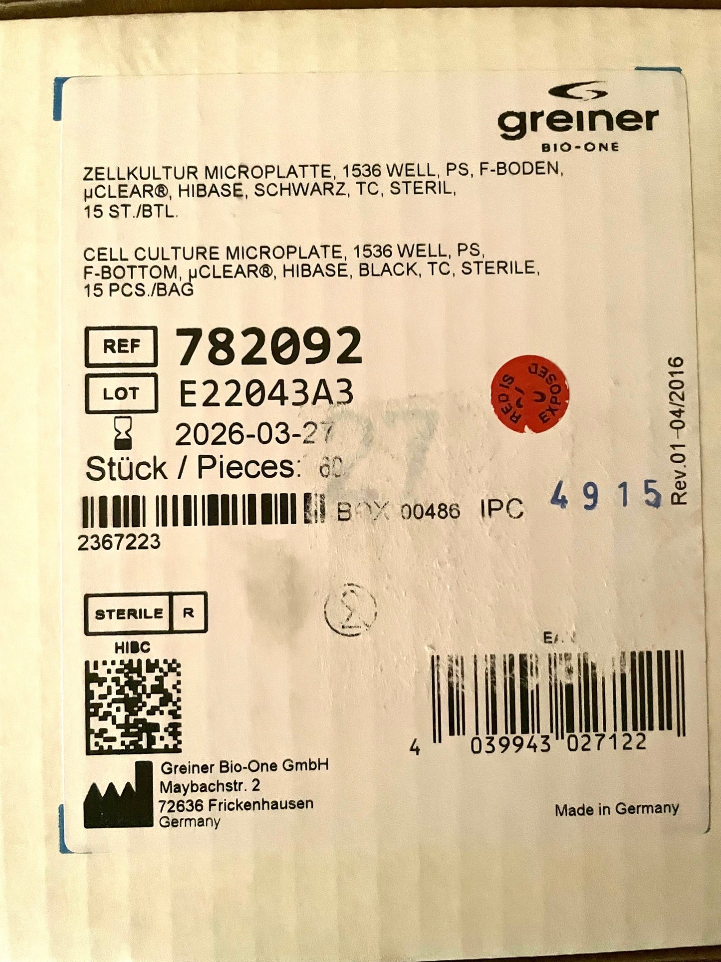 GREINER BIO-ONE Cell Culture Microplates, 1536 Well 60x Pieces/ Case #782092