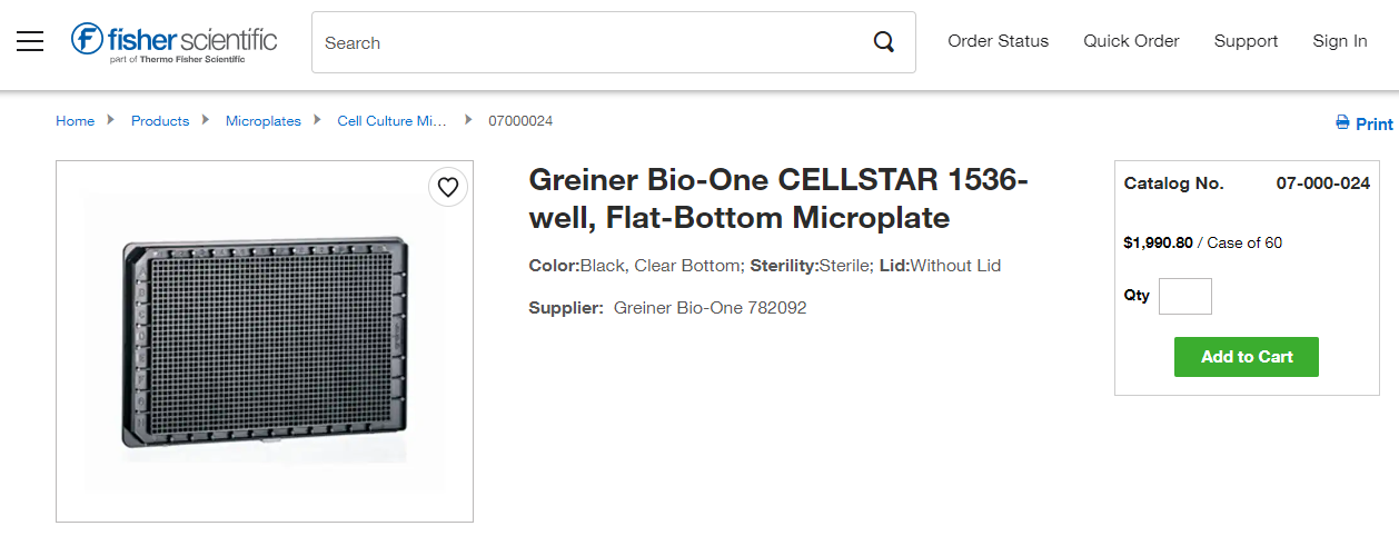 GREINER BIO-ONE Cell Culture Microplates, 1536 Well 60x Pieces/ Case #782092