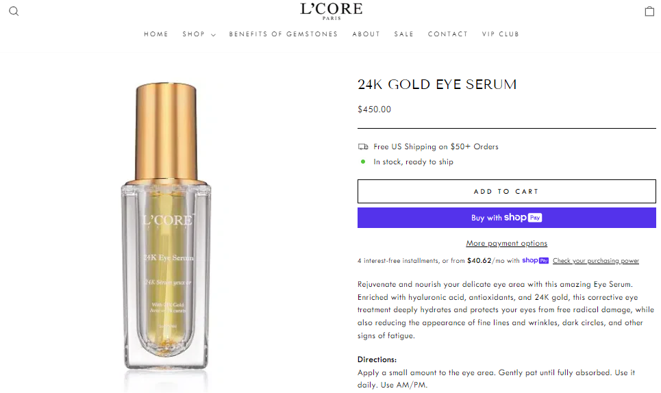L'CORE Paris 24K Gold Hyaluronic Acid Eye Serum - Hydrates Protects Reduces Fine Lines Wrinkles Dark Circles - CLOSEOUT
