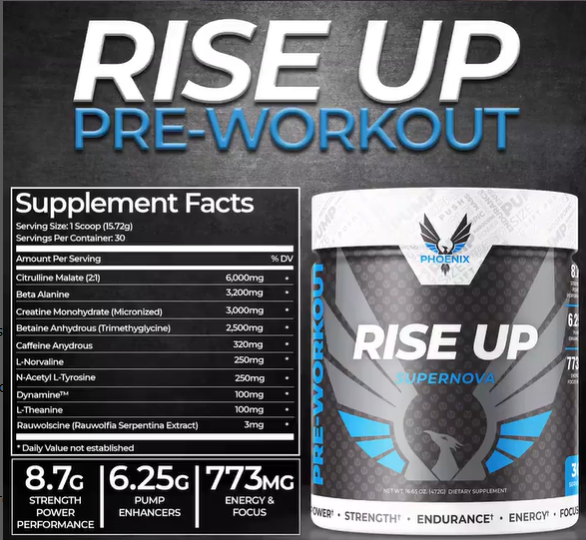 Phoenix Energy Pre-Workout Powder Rise Up 30 Servings 16.65 oz. Power Strength Endurance Energy Focus BB 10/25