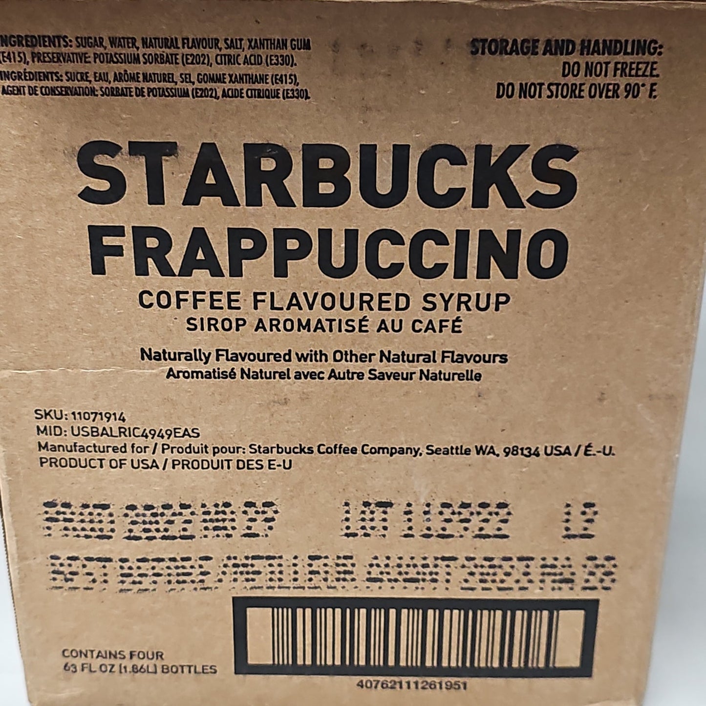 STARBUCKS Frappuccino Syrup Crème Flavored Syrup - 1.86 L Shelf Stable (as-is) Best By: 01/25