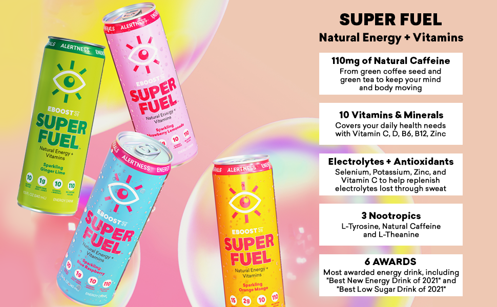 EBOOST Super Fuel Natural Energy Vitamins Sparkling Drinks 12x/ Case Orange Mango & Strawberry Lemonade Shelf Stable (as-is) Best By: 7/24