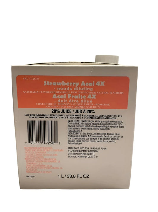 STARBUCKS Strawberry Acai 4x Concentrated Beverage Base Naturally Flavored 1 L. Shelf Stable Best by: 10/25